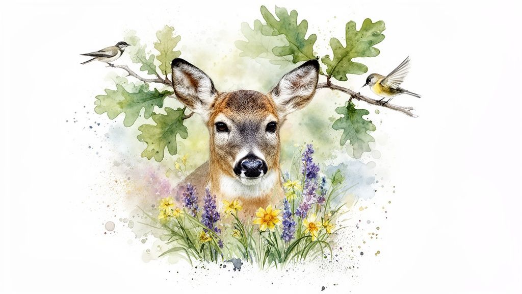 A watercolor painting of a deer, surrounded by colorful wildflowers, green oak leaves, and two small birds.