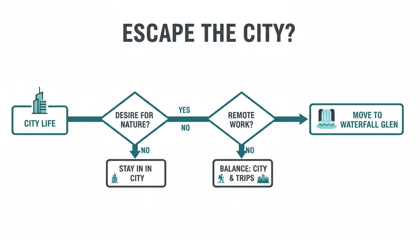 Flowchart illustrating decisions to escape city life, considering desire for nature and remote work.