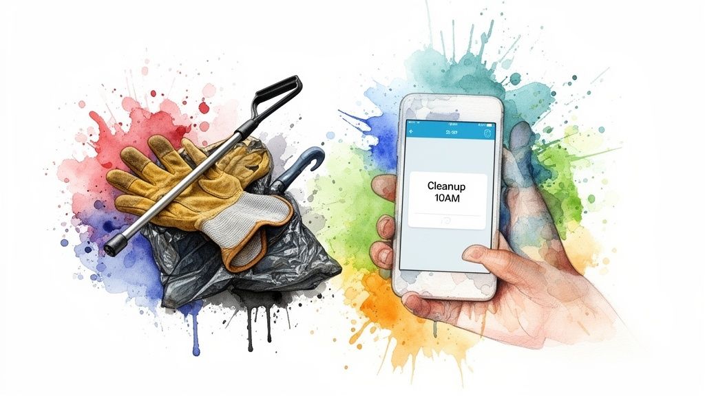 Watercolor art of cleaning tools, a trash bag, and a smartphone with a 'Cleanup 10AM' reminder.