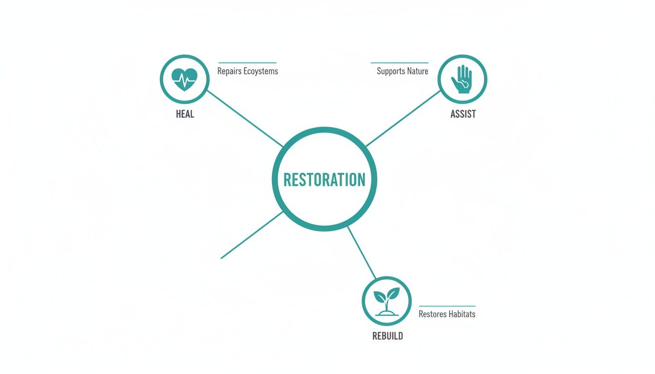 Diagram explaining environmental restoration through healing ecosystems, assisting nature, and rebuilding habitats with icons.