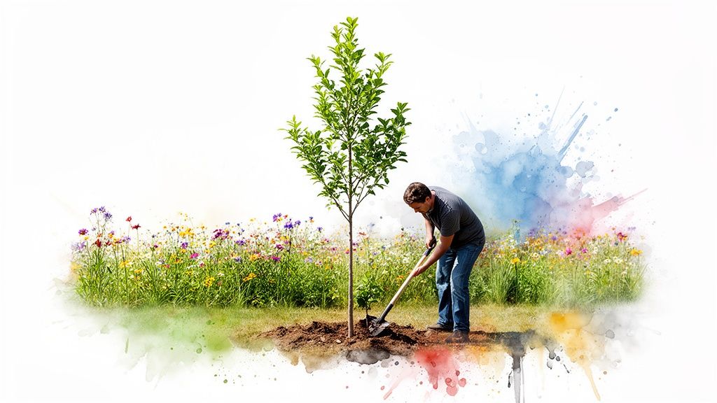 A man plants a young tree in a field of vibrant wildflowers with a spade.