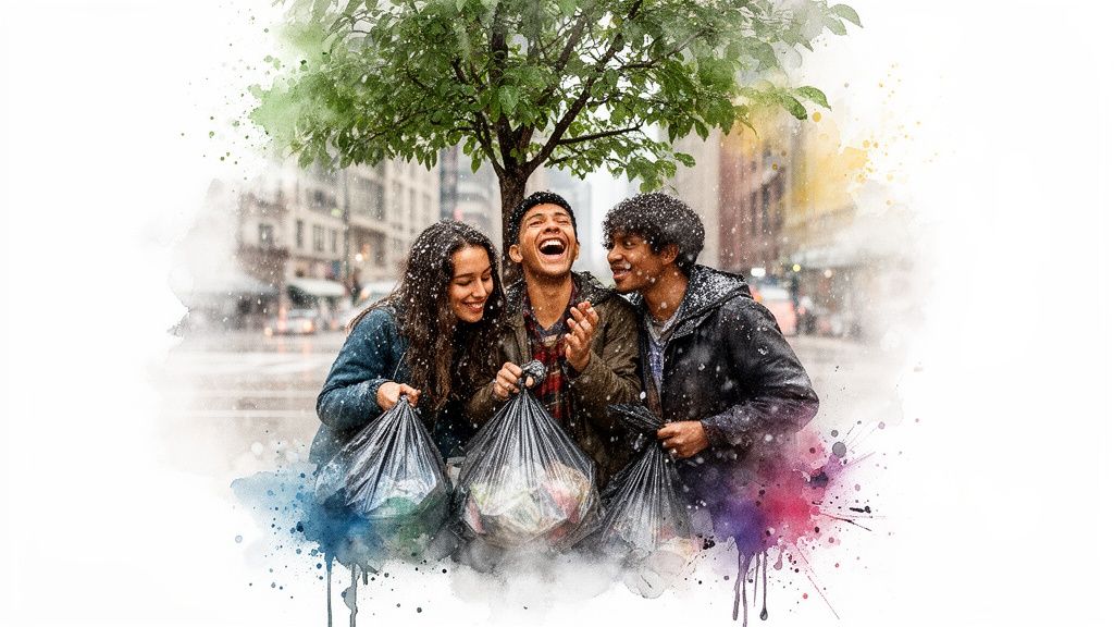 Diverse young friends laugh while holding trash bags under a snowy tree in a vibrant watercolor street.