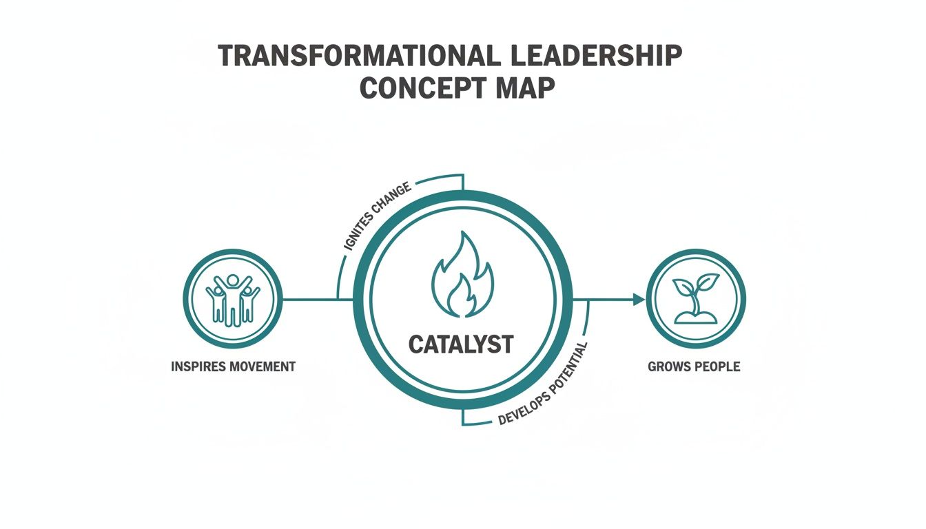 Concept map illustrating transformational leadership as a catalyst that inspires movement and grows people.