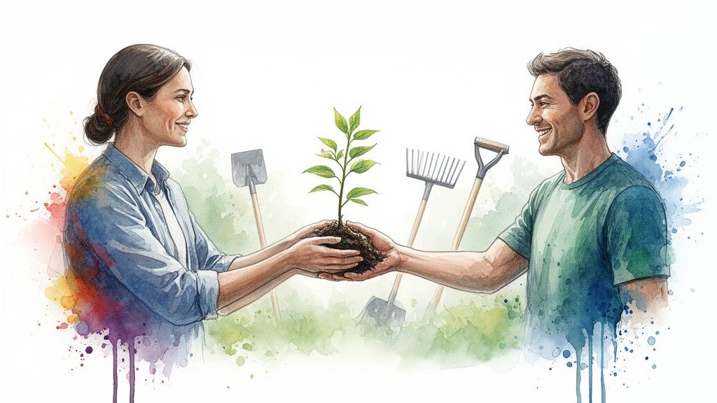 A man and woman in a vibrant watercolor illustration, holding a green plant, symbolizing growth and gardening.