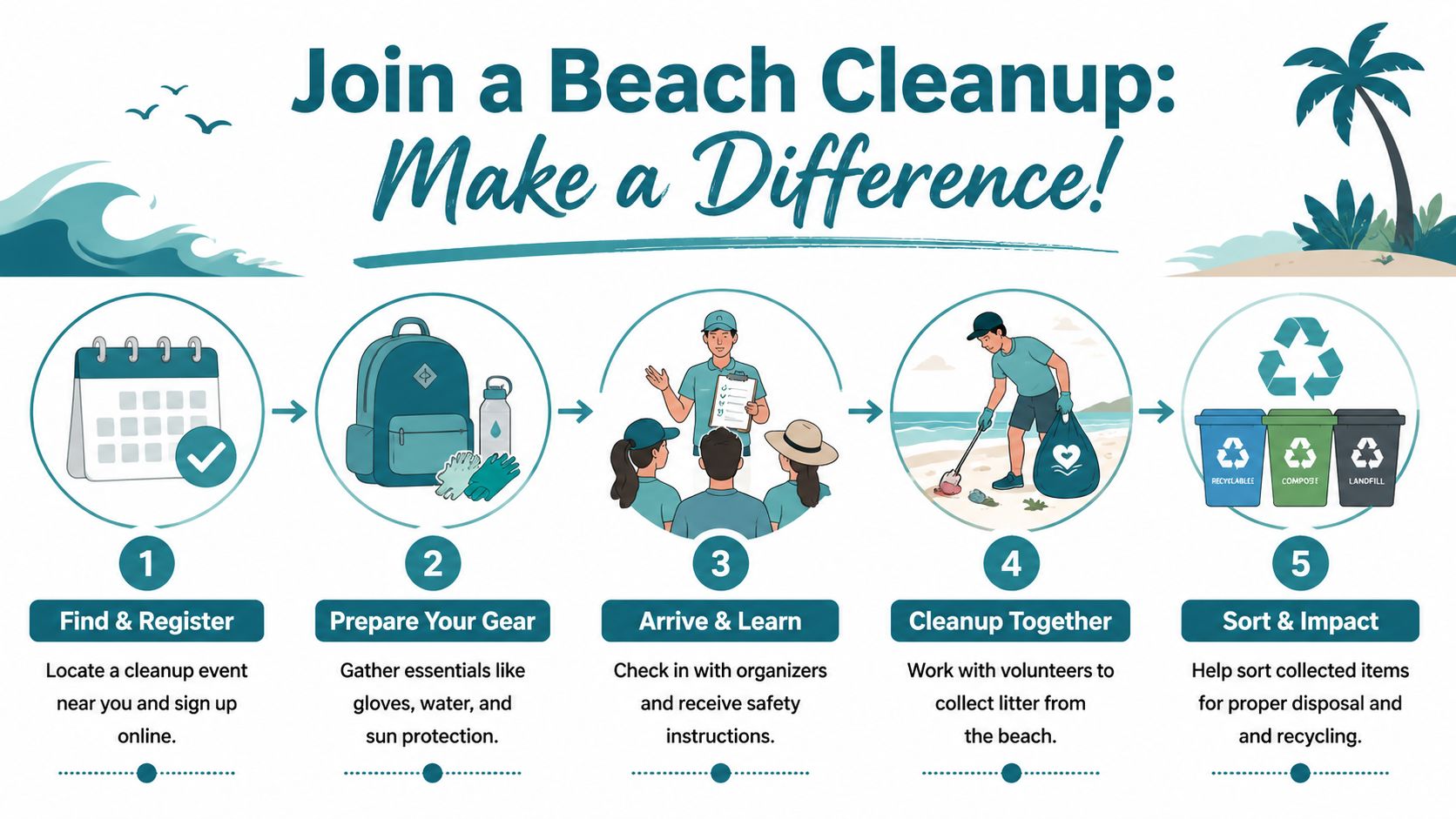 A five-step infographic showing how to join and participate in a community beach cleanup event.