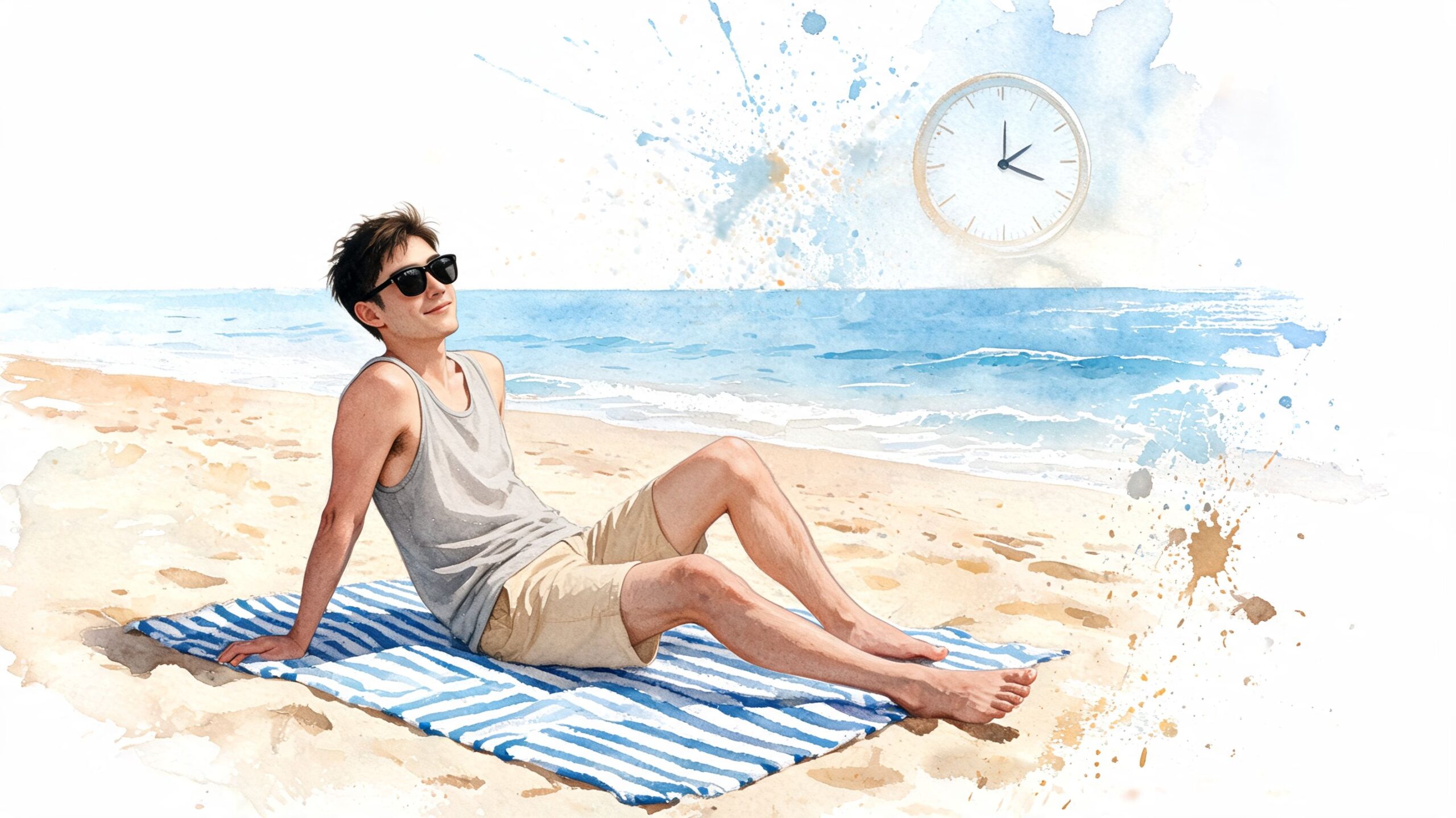 A young man wearing sunglasses relaxes on a striped beach towel at 12th Street Beach.
