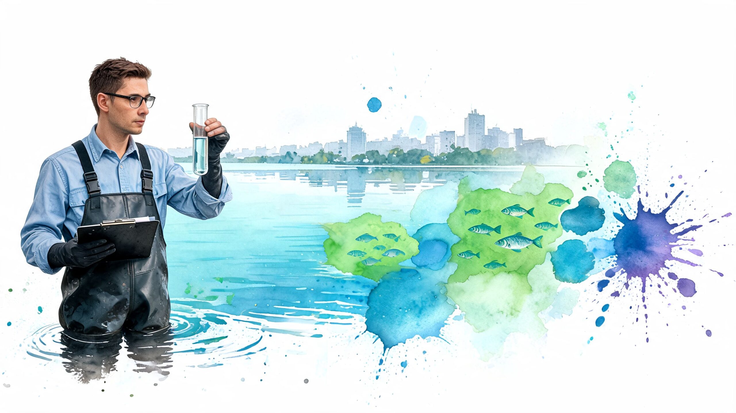 A scientist standing in water, examining a test tube against a backdrop of a city skyline illustration.