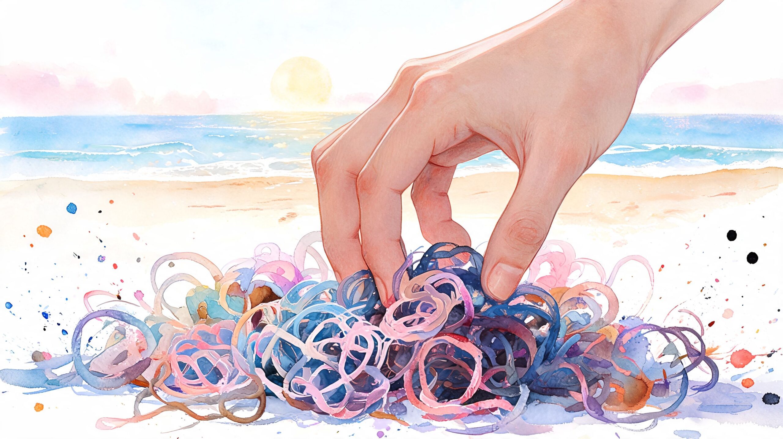 A watercolor illustration of a hand picking up tangled plastic debris from a sunny beach shore.
