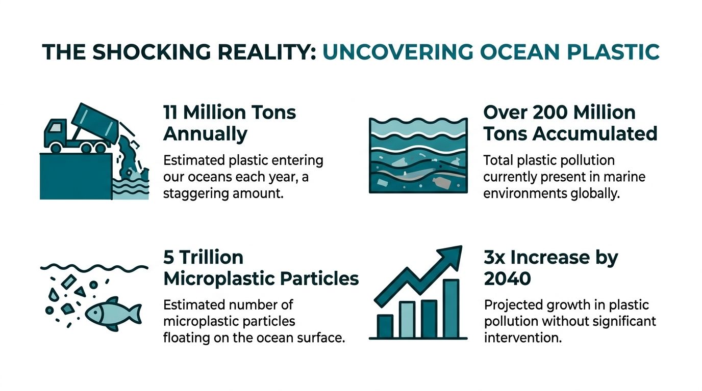An infographic detailing the shocking reality of ocean plastic pollution and its environmental impact on marine life.