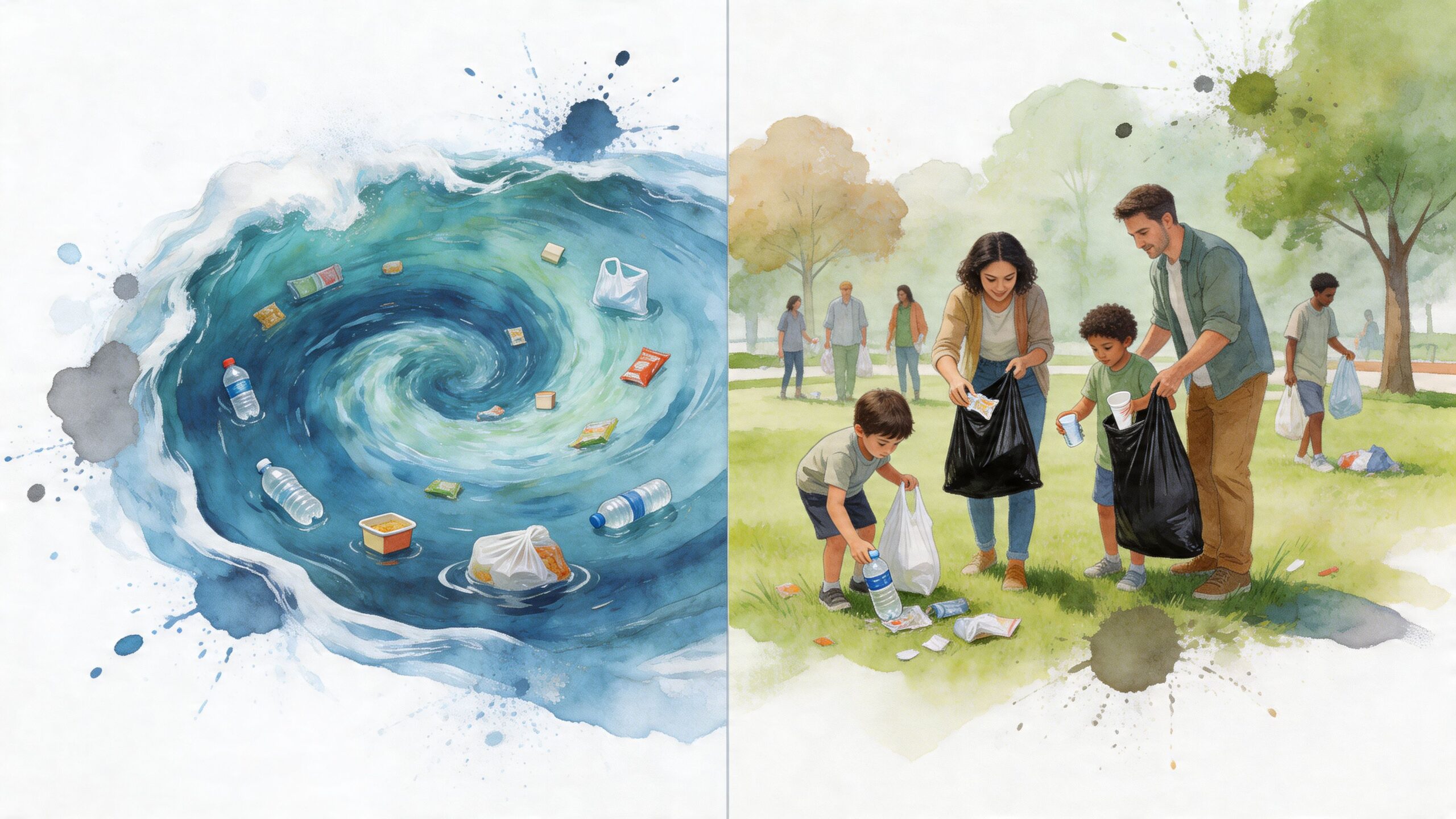 A split watercolor illustration showing ocean plastic pollution on the left and people cleaning a park.