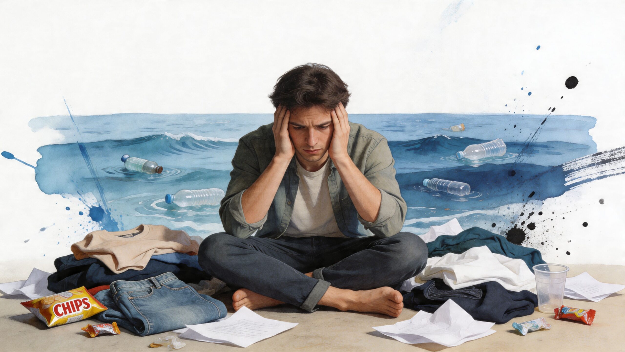 A distressed man sits surrounded by trash and plastic pollution with the ocean in the background.