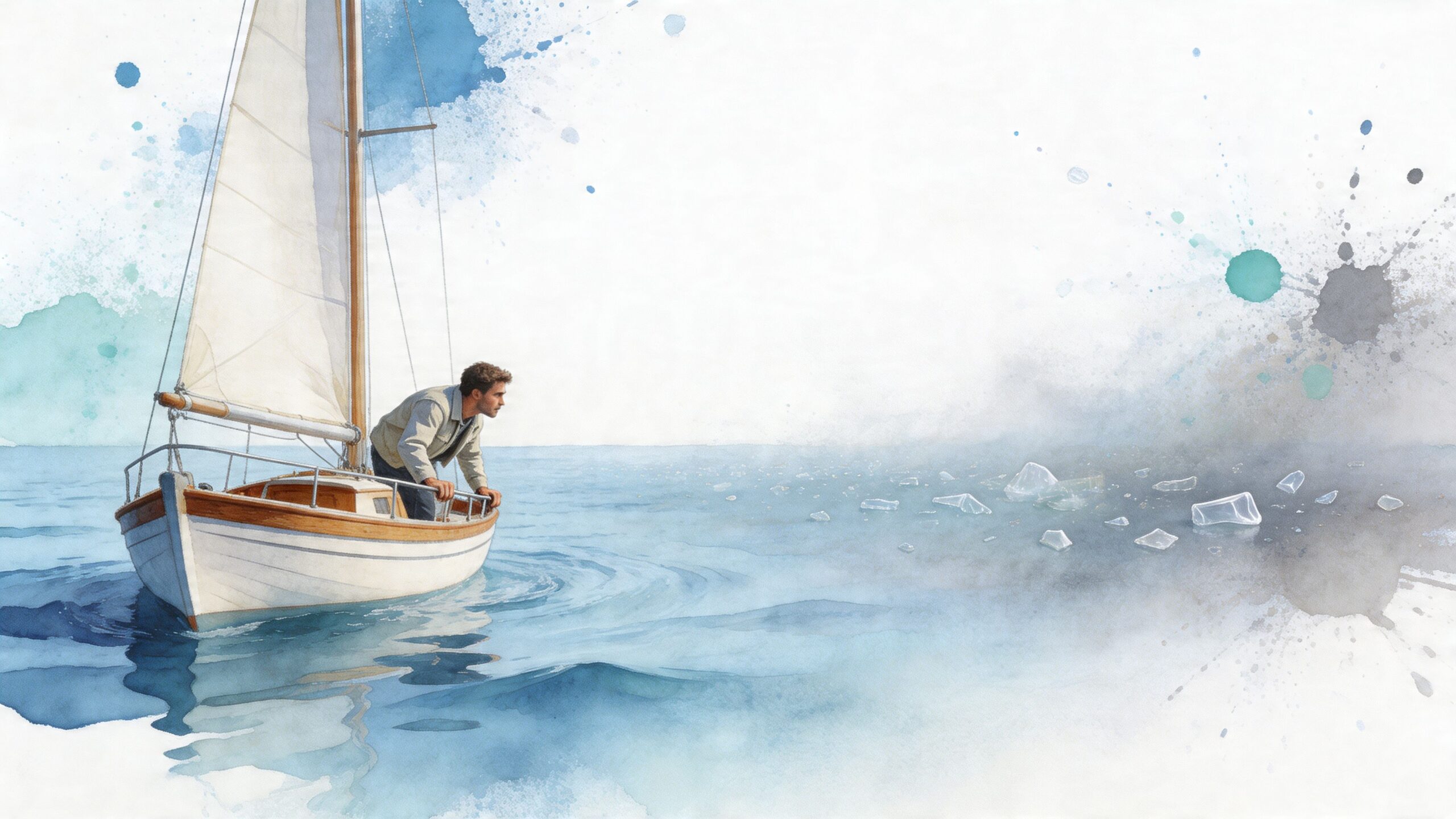 A man looks over the side of a sailboat towards icebergs floating in the open ocean.