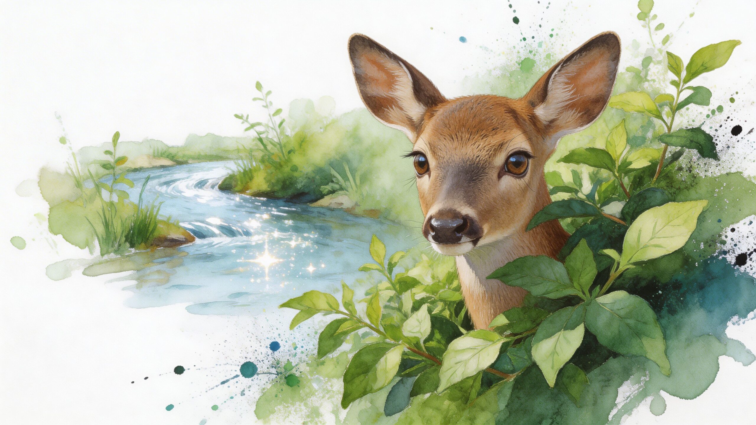 A gentle deer peeking through lush green leaves beside a sparkling stream in a watercolor art style.