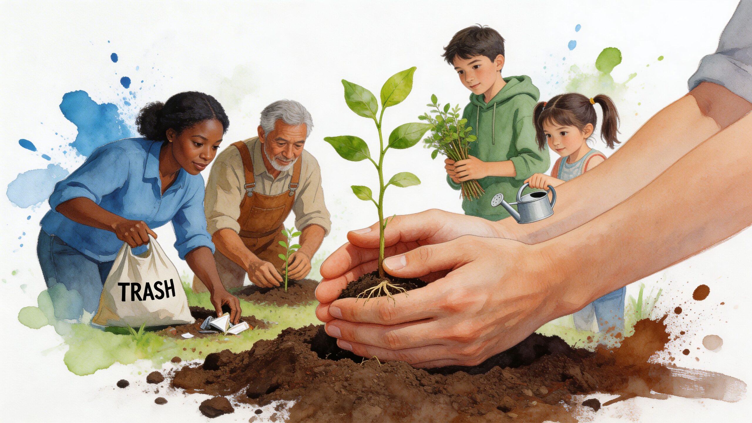 A diverse group of people planting trees and cleaning up litter to help the environment together.
