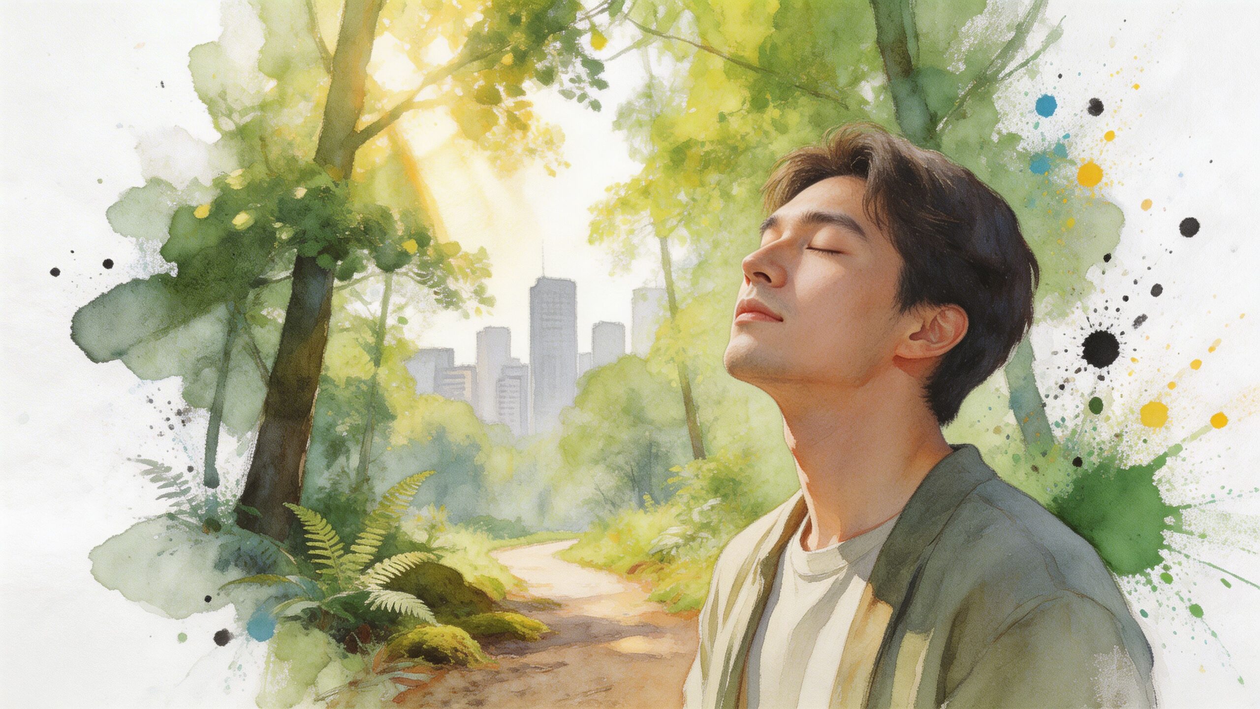 A young man with closed eyes enjoys a peaceful moment in a lush green forest park.