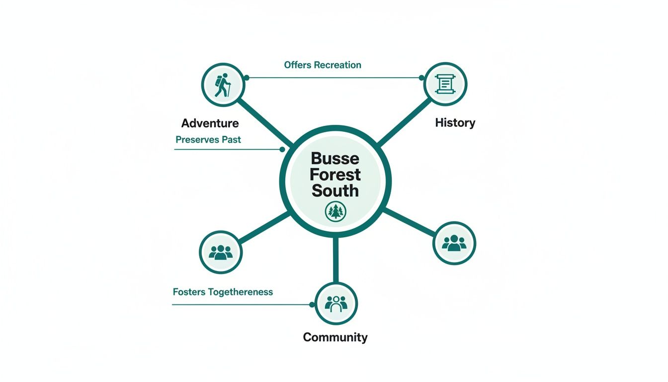 A concept map showing Busse Forest South offering adventure, history, community, recreation, and preserving the past.