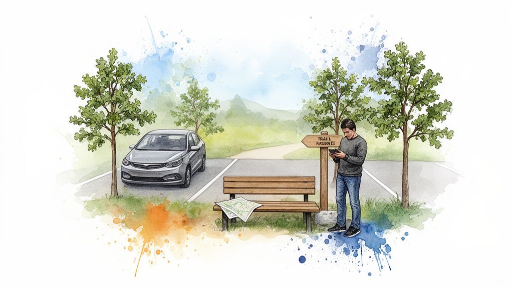 Watercolor illustration of a man checking his phone at a trailhead with a car and map.