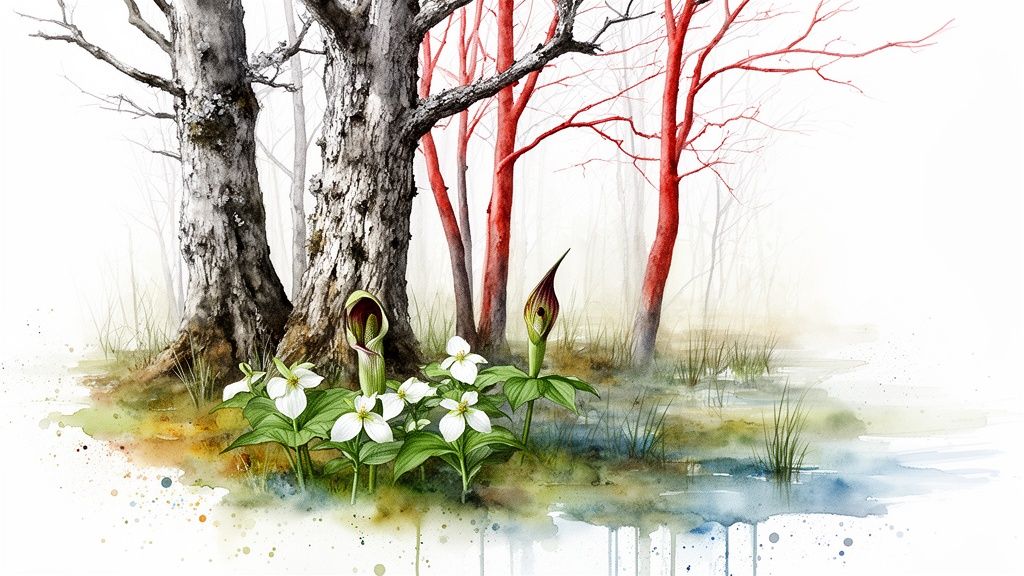 Watercolor painting of a misty forest with red-barked trees, white trilliums, and Jack-in-the-pulpits by a pond.