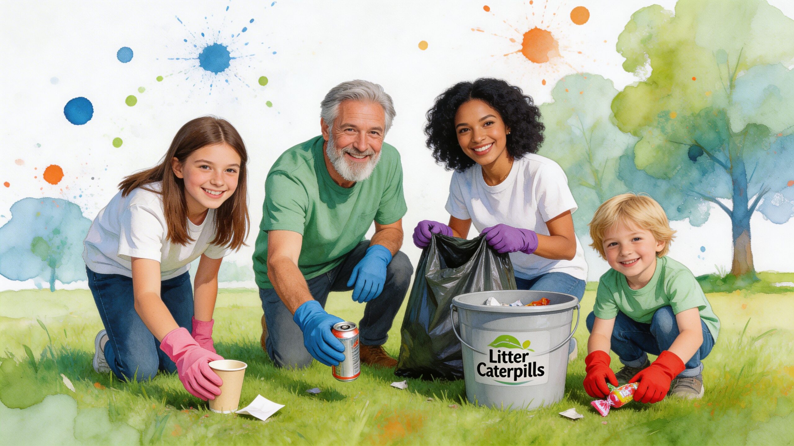 A diverse group of volunteers cleaning up trash in a grassy park for a community service project.