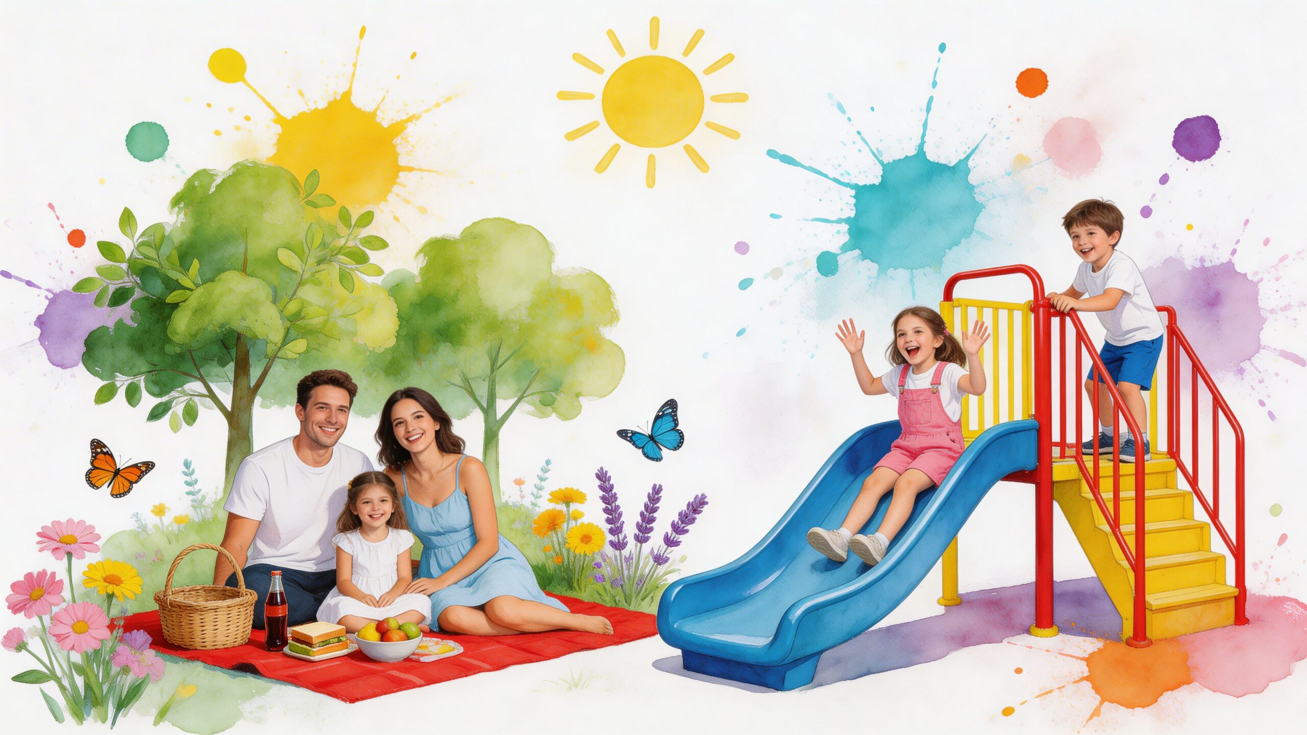 A happy family enjoys a picnic in a park while children play on a nearby slide