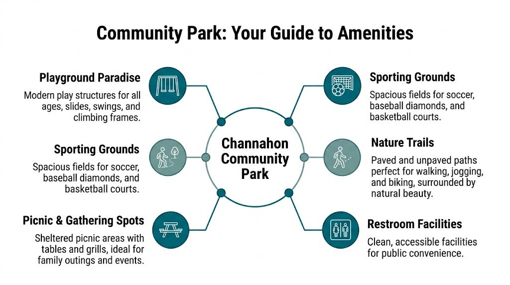 An infographic titled Community Park: Your Guide to Amenities, listing facilities available at Channahon Community Park.