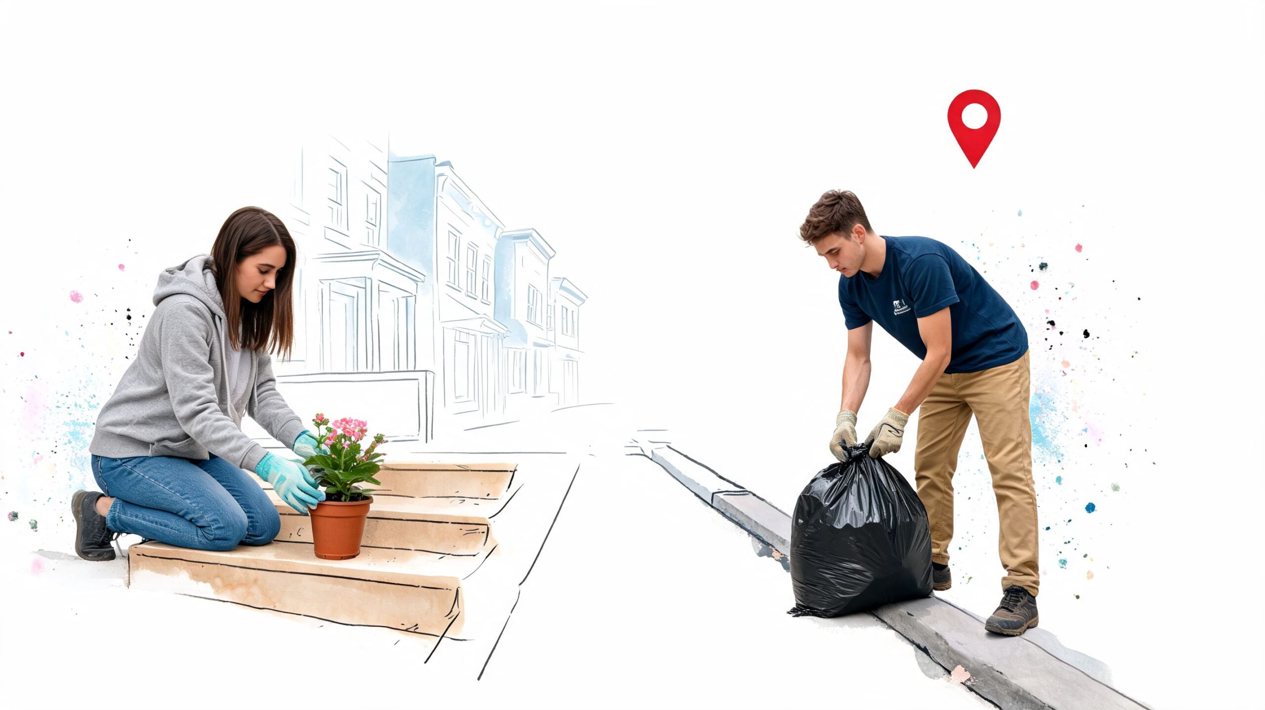 A young man and woman volunteering together to improve their neighborhood by planting flowers and cleaning litter.