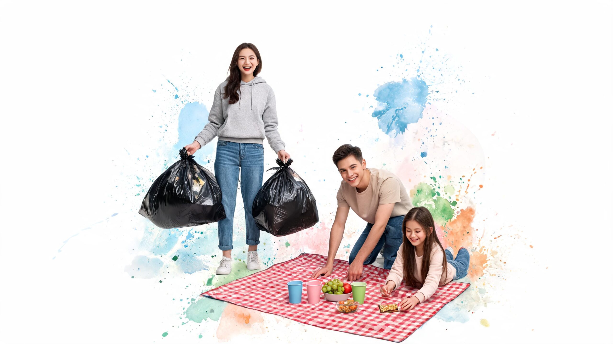 A family cleaning up after a picnic, representing community service ideas for college students.
