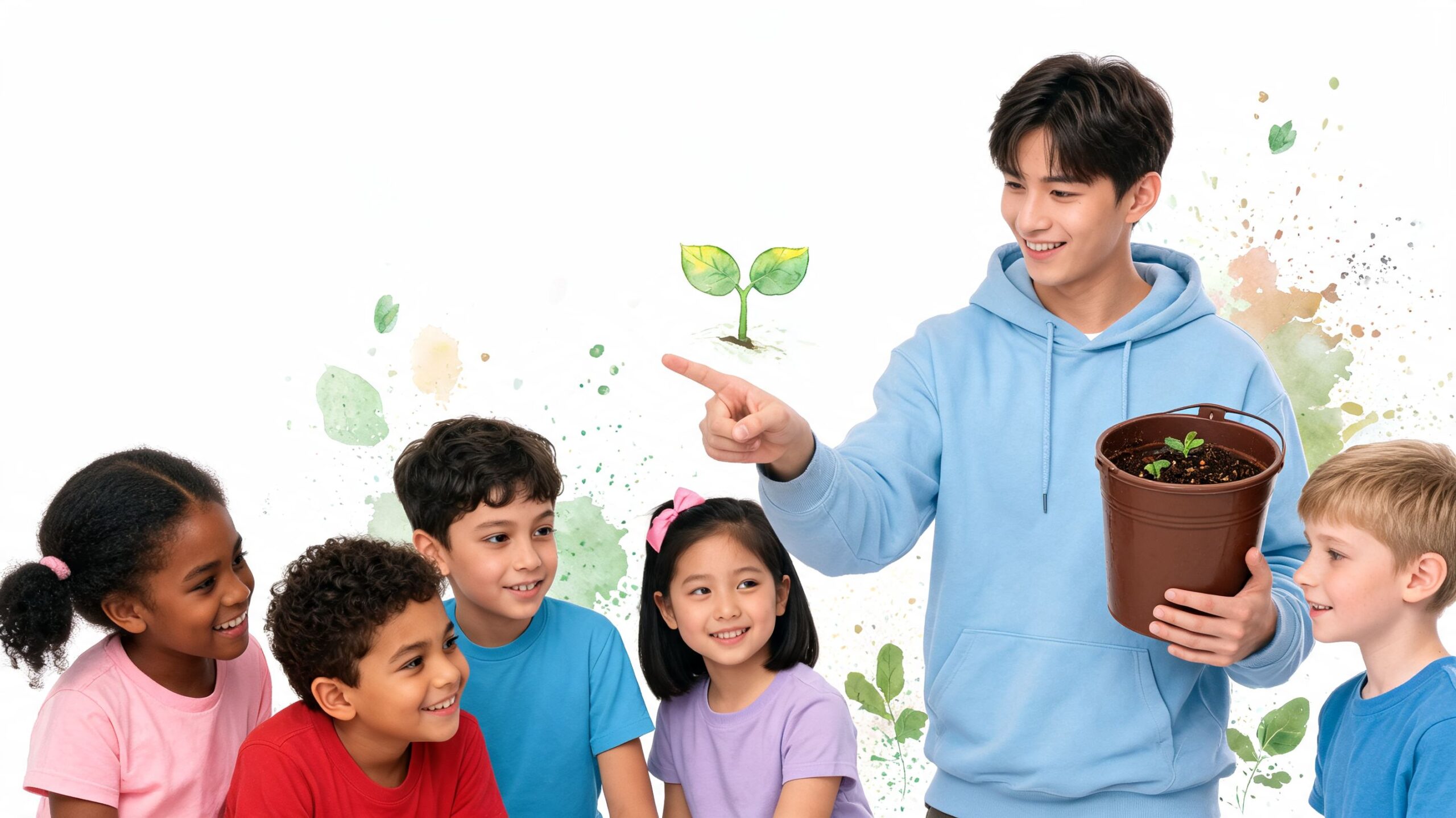 A young Asian mentor teaching a diverse group of children about gardening and plants in a classroom.