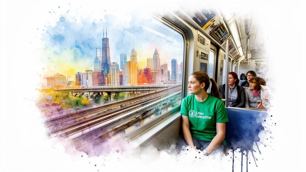 A young woman wearing a green Litter Caterpillar shirt travels on a train past the Chicago skyline.