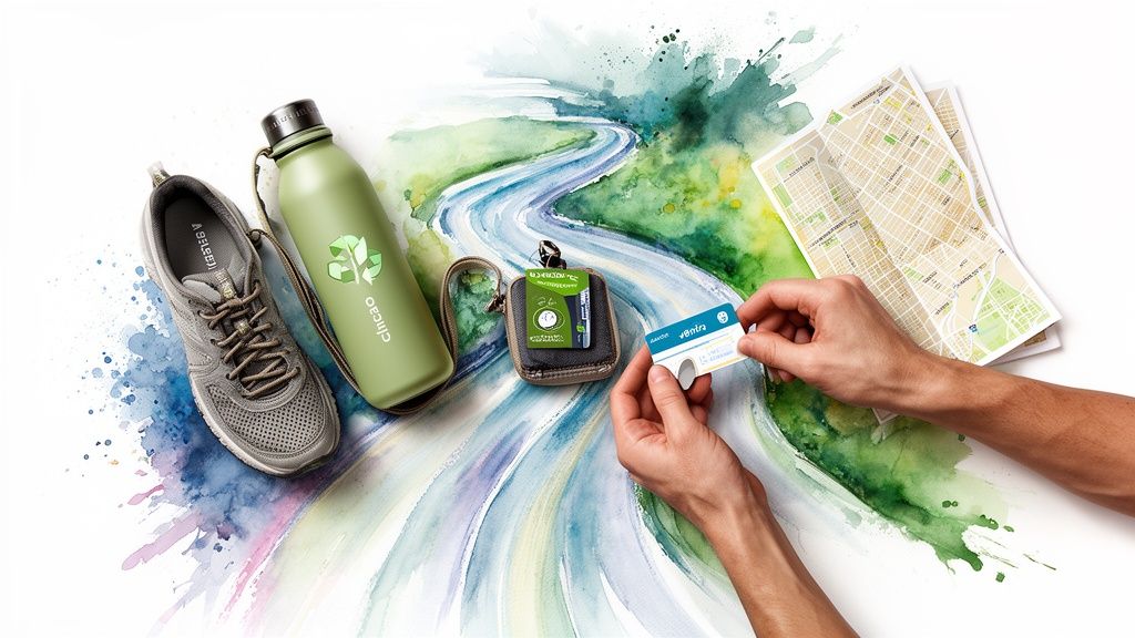 A person holding a travel card next to a water bottle, sneaker, and map on watercolor background.