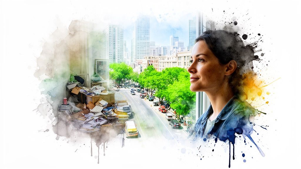 A woman looking thoughtfully out a window with a city street scene and a messy desk overlaid.
