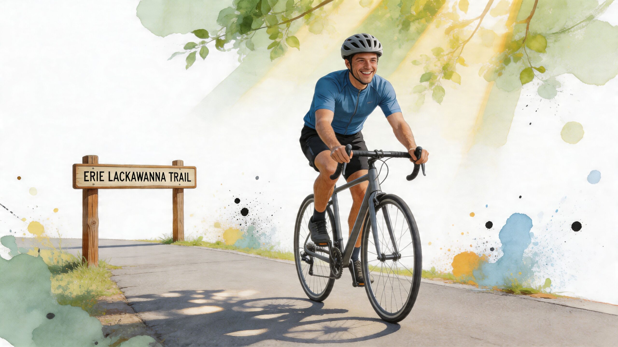 A happy cyclist riding a road bike past a wooden sign that says Erie Lackawanna Trail.