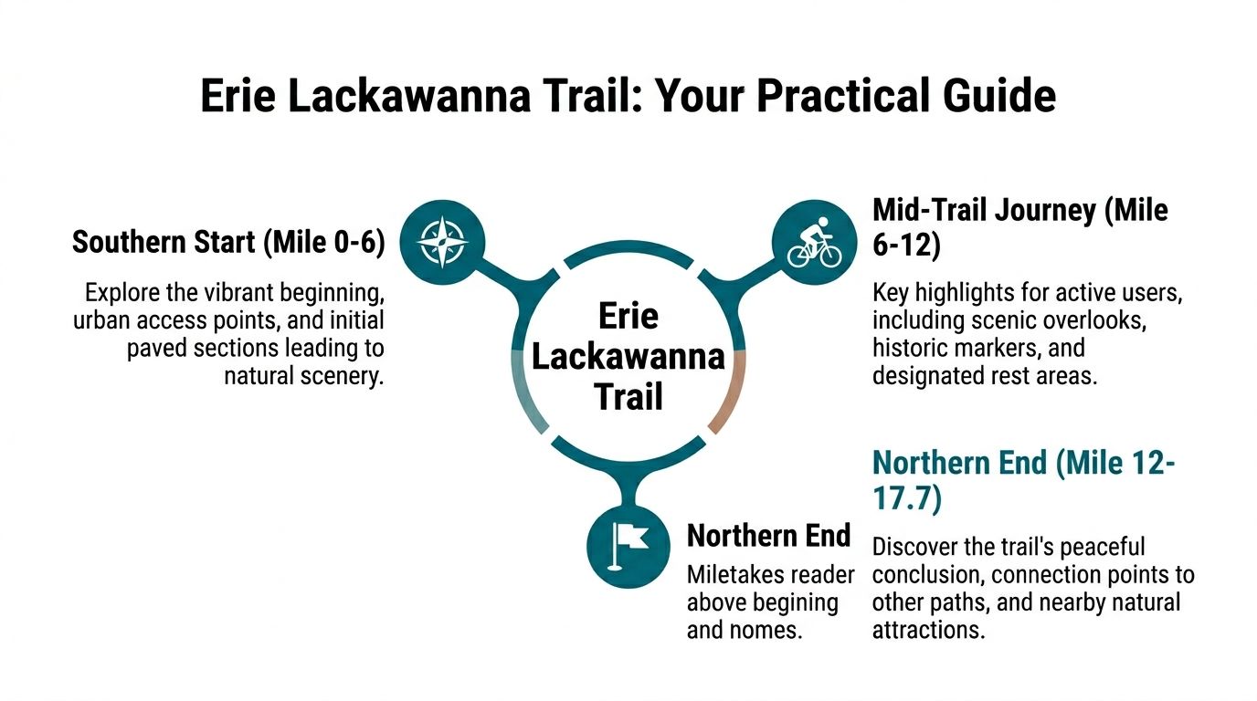 An infographic titled Erie Lackawanna Trail: Your Practical Guide, outlining three trail sections from mile 0 to 17.7.