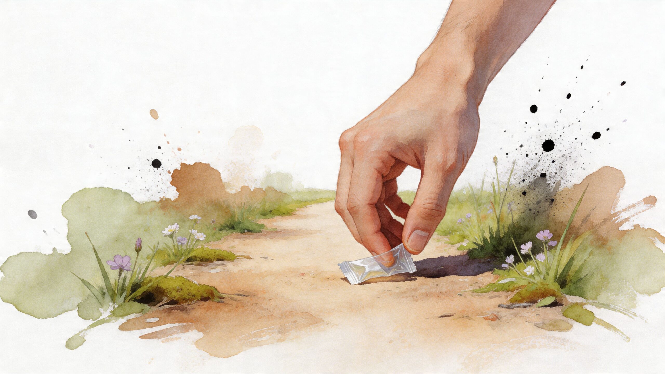A hand picking up a small piece of plastic trash from a dirt path in nature.