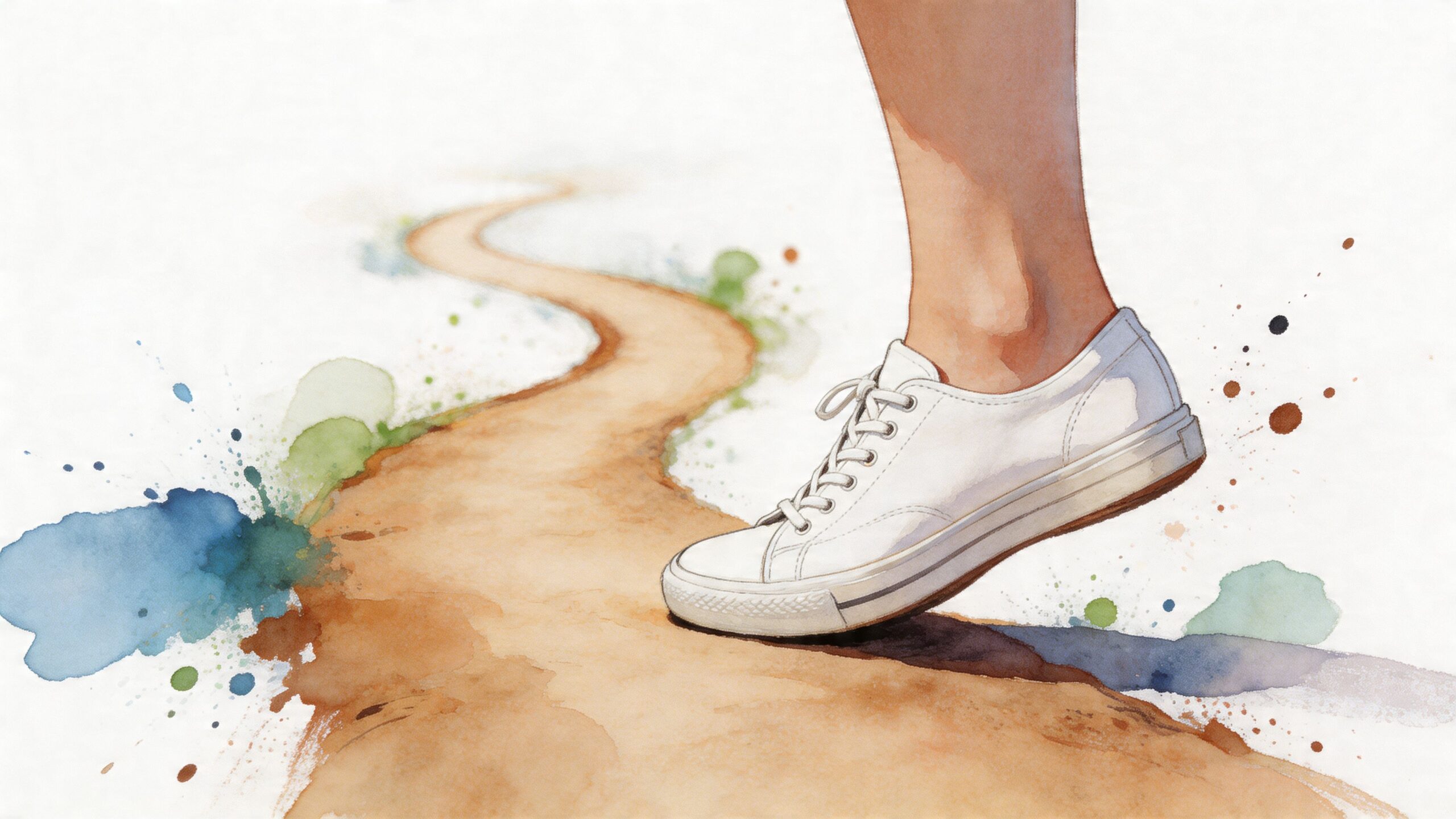 A watercolor painting showing a foot wearing a white sneaker stepping onto a winding dirt trail.