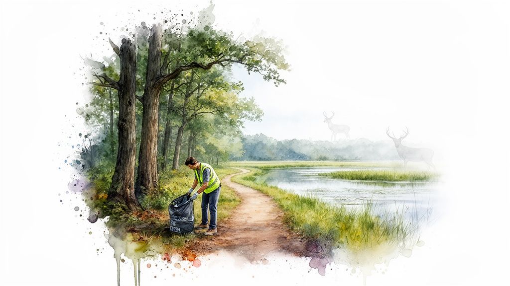 A person in a high-visibility vest cleans a forest path beside a lake, with two deer in the misty background.