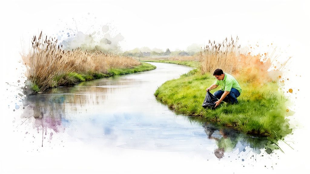 A man in a green shirt cleans up litter by a winding river with reeds in watercolor.