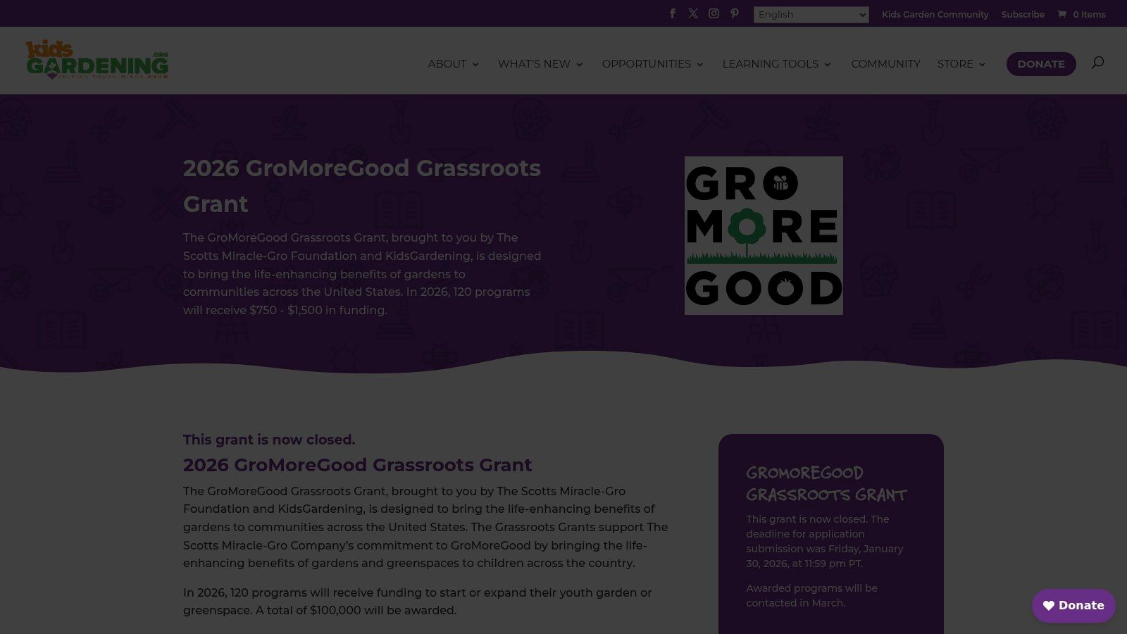 GroMoreGood Grassroots Grant (KidsGardening + The Scotts Miracle‑Gro Foundation)