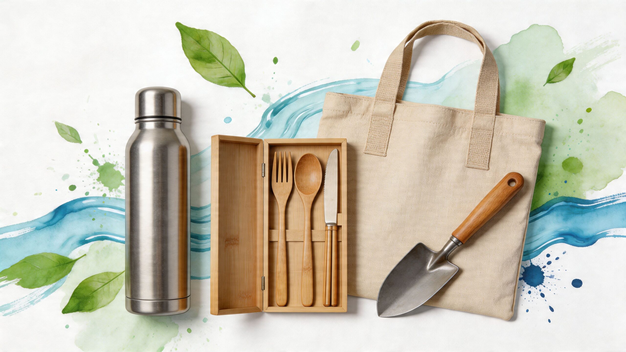 A flat lay of eco-friendly products including a stainless steel bottle, bamboo cutlery set, tote bag and trowel.