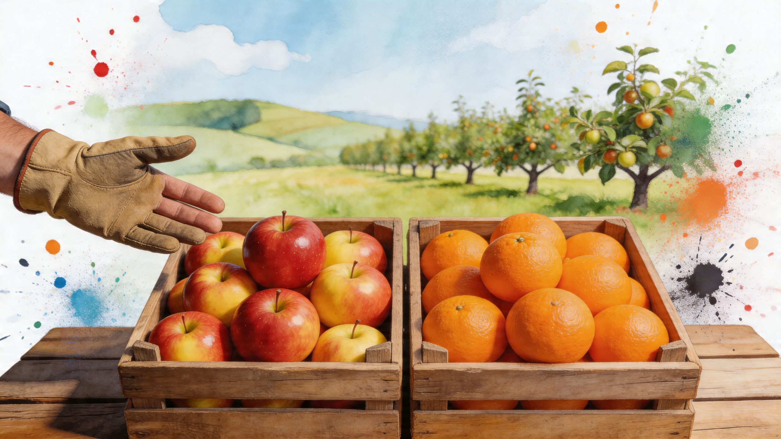 A hand in a work glove pointing toward a wooden crate full of fresh red apples.