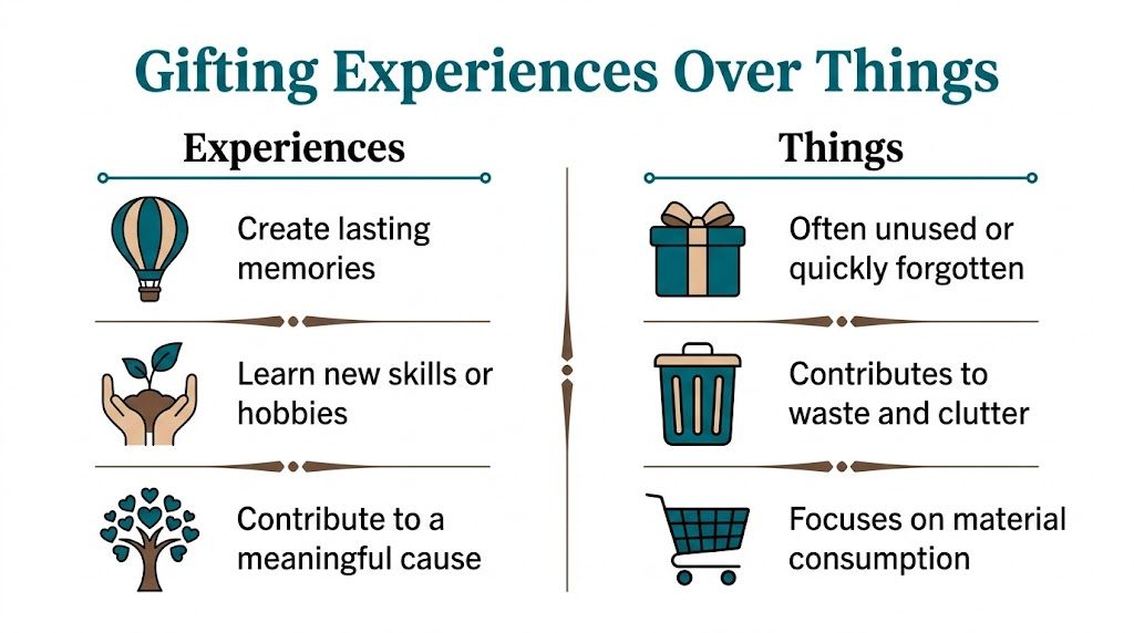 A comparison chart showing the benefits of gifting experiences compared to the negative impacts of physical things.