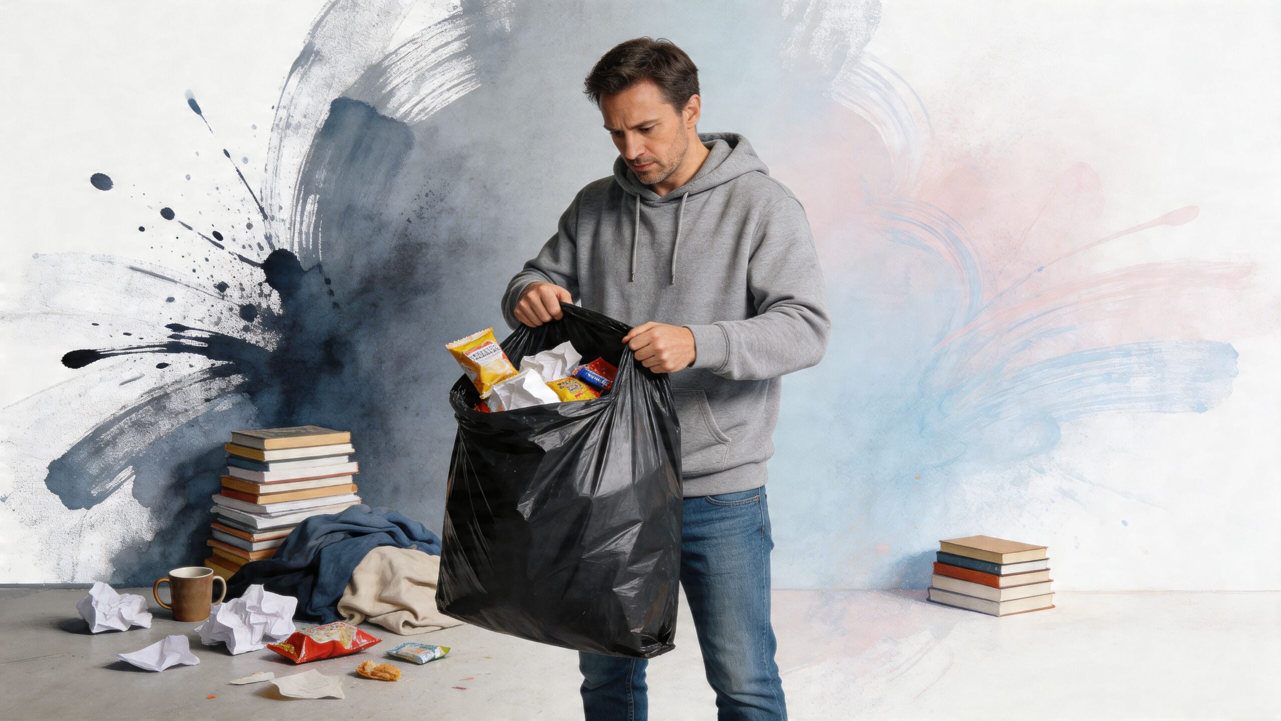 A man in a grey hoodie holding a black garbage bag full of waste in a cluttered room.