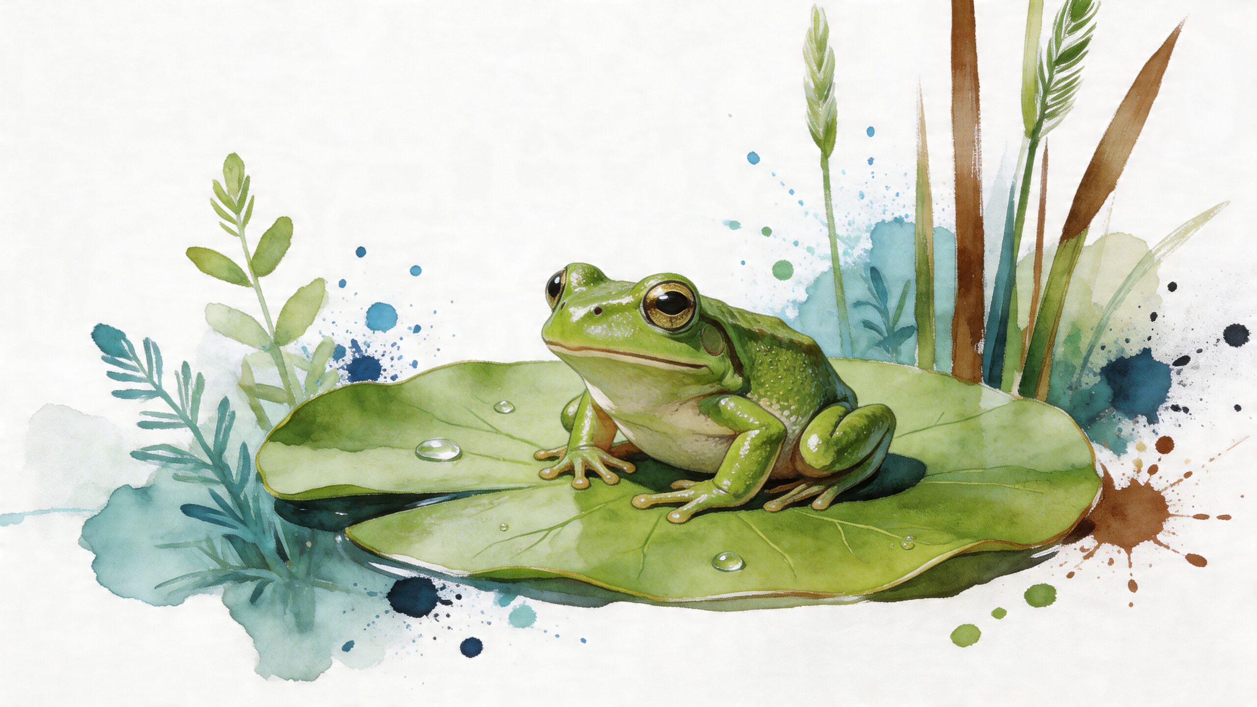 A green frog sitting on a lily pad in a peaceful grassy lake forest preserve setting.