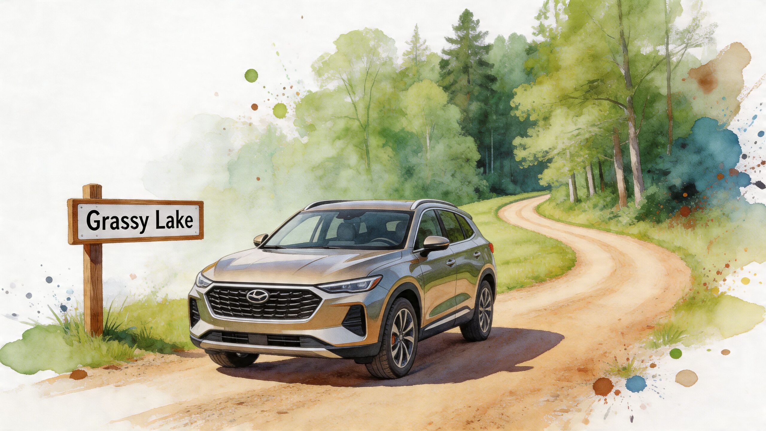 A modern SUV drives along a winding dirt road through a lush green forest past a sign.