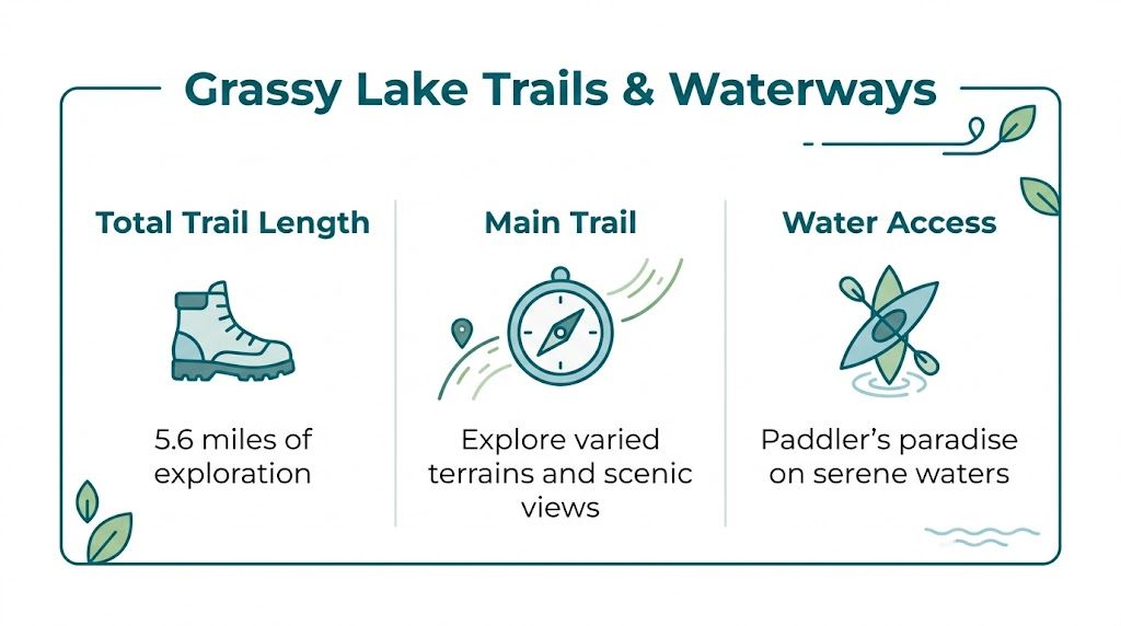 An infographic titled Grassy Lake Trails and Waterways highlighting a 5.6 mile trail and water access options.