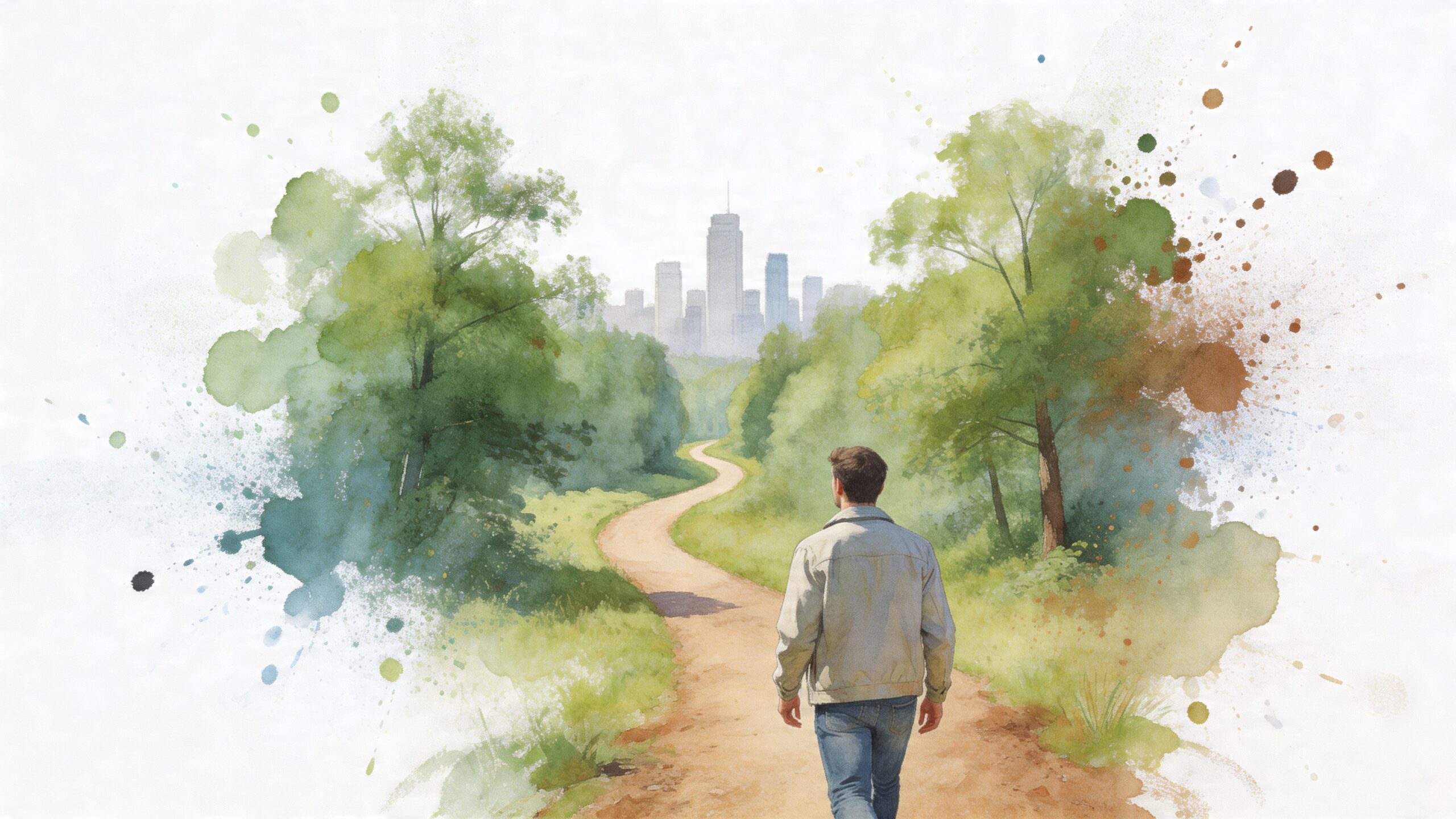 A man in a jacket walks along a winding dirt path towards a distant city skyline.