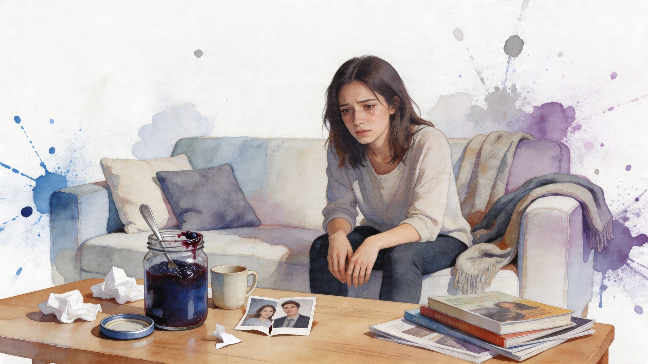 A sad woman crying on a sofa while looking at a torn photograph of a couple.