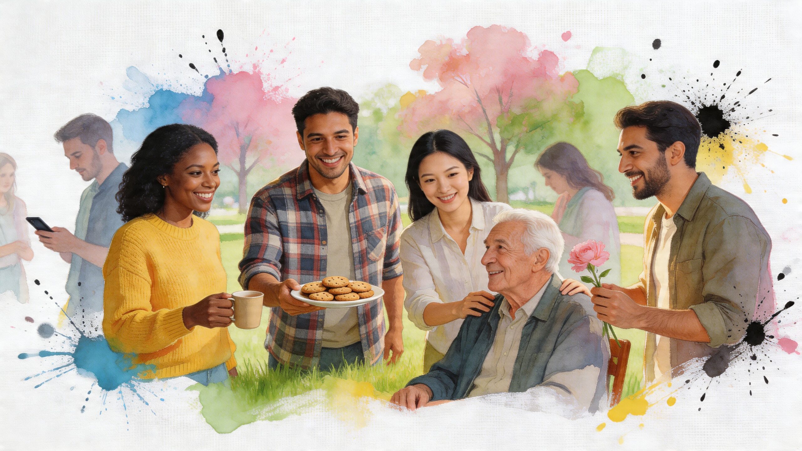 A diverse group of adults and an elderly man sharing cookies and flowers in a park setting.