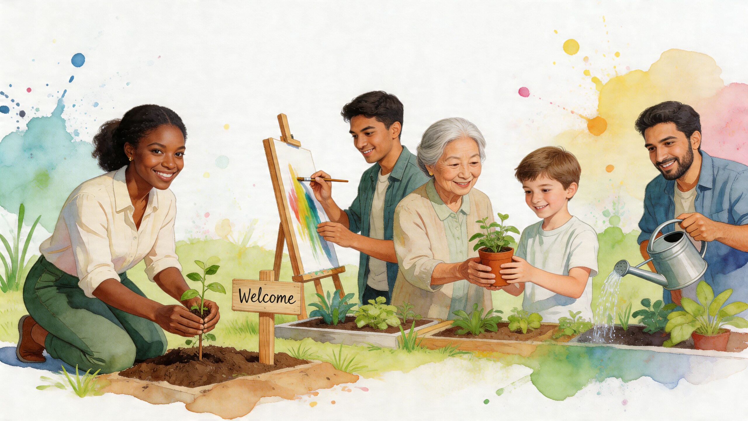 A diverse group of people gardening and painting outdoors together in a sunny, watercolor-style community scene.