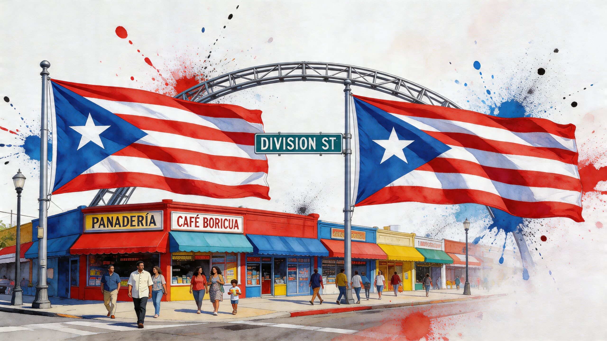 A watercolor illustration of the Humboldt Park neighborhood in Chicago featuring Puerto Rican flags and shops.